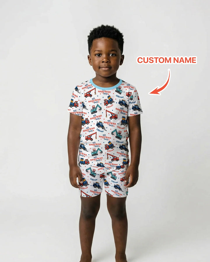 Custom Name All-American Boy Bamboo Two Piece Short Sleeve Shorts Pajama Set