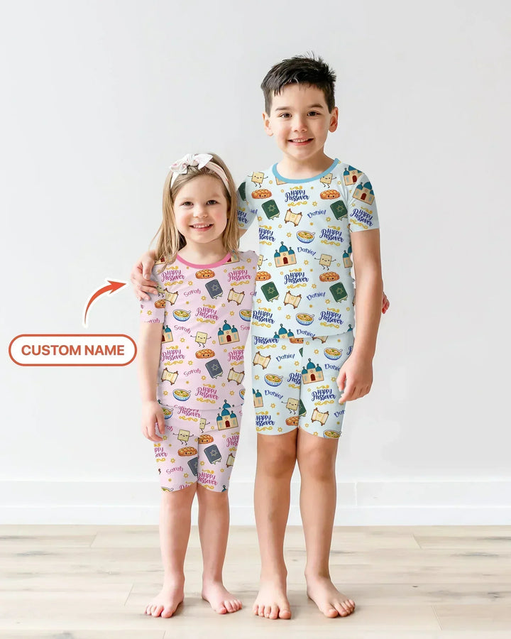 Custom name "Pesach Sameach" Bamboo Two Piece Short Sleeve Shorts Pajama Set