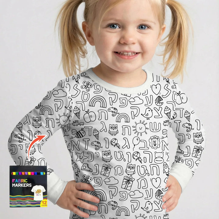 Hebrew Alphabet Colorable Bamboo Two Piece Long Sleeve Pajama Set