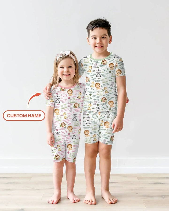 Custom Name Bible Verse Safari Animal Bamboo Two Piece Short Sleeve Shorts Pajama Set