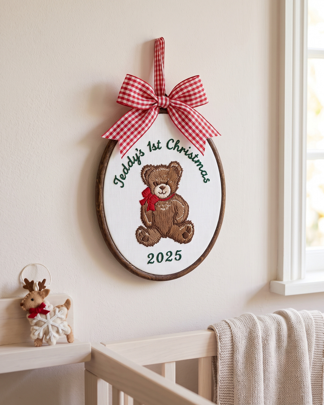 Cozy Christmas Bear Embroidered Custom Hoop