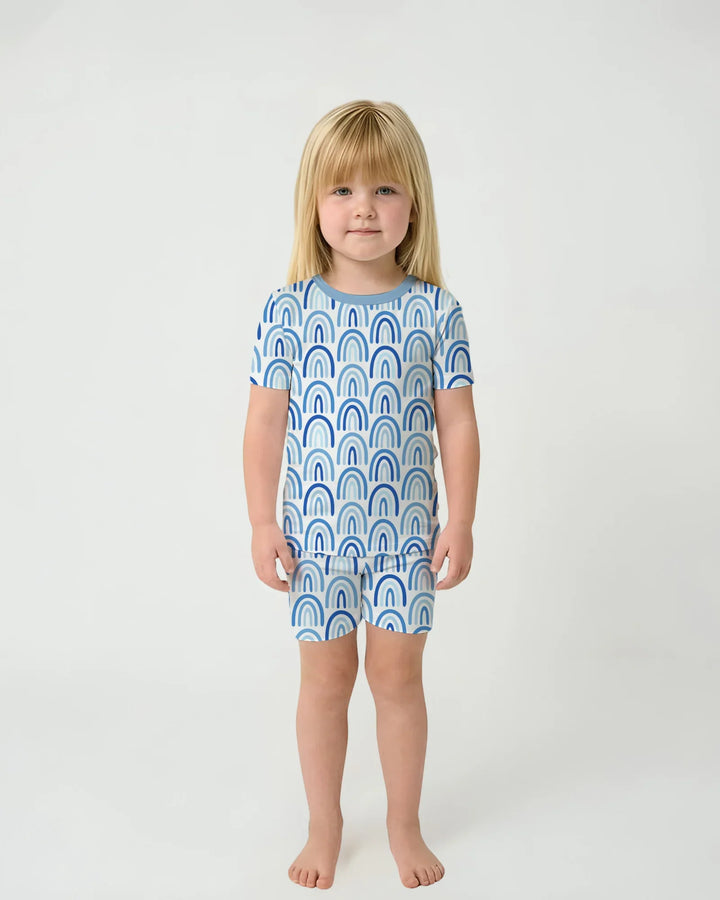 Sky Blue Rainbows Bamboo Two Piece Short Sleeve Shorts Pajama Set