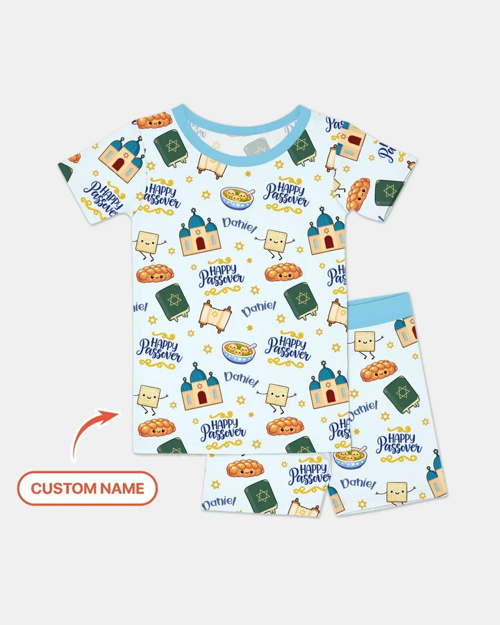 Custom name "Pesach Sameach" Bamboo Two Piece Short Sleeve Shorts Pajama Set