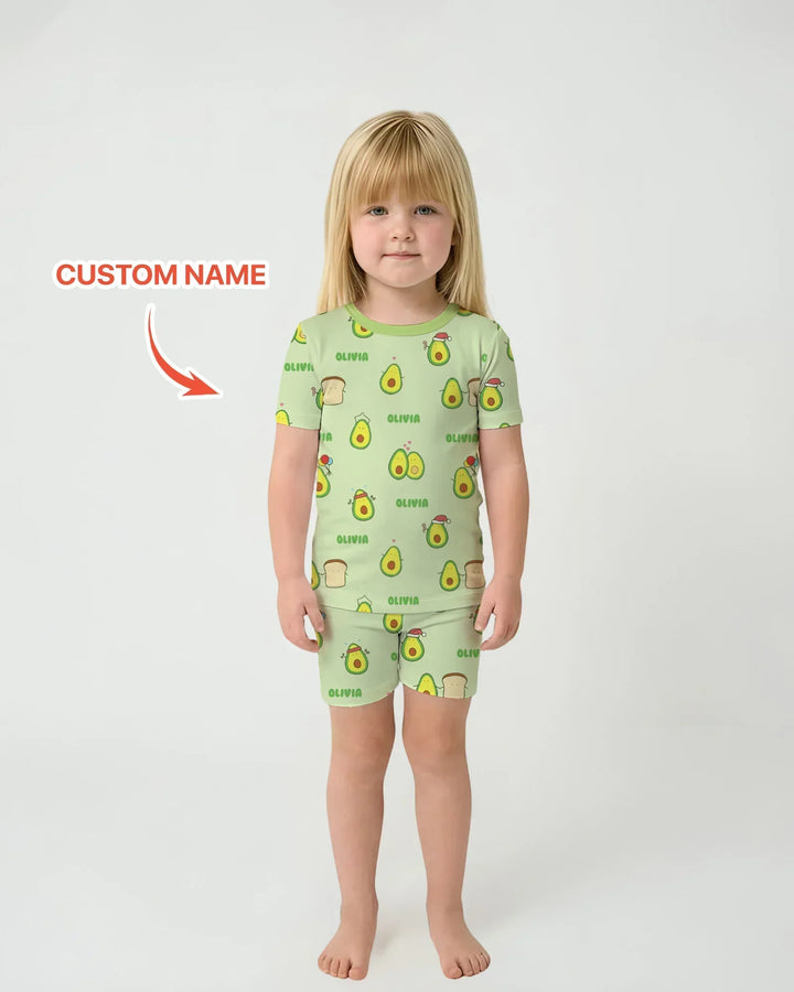 Custom Name Cute Avocado Bamboo Two Piece Short Sleeve Shorts Pajama Set