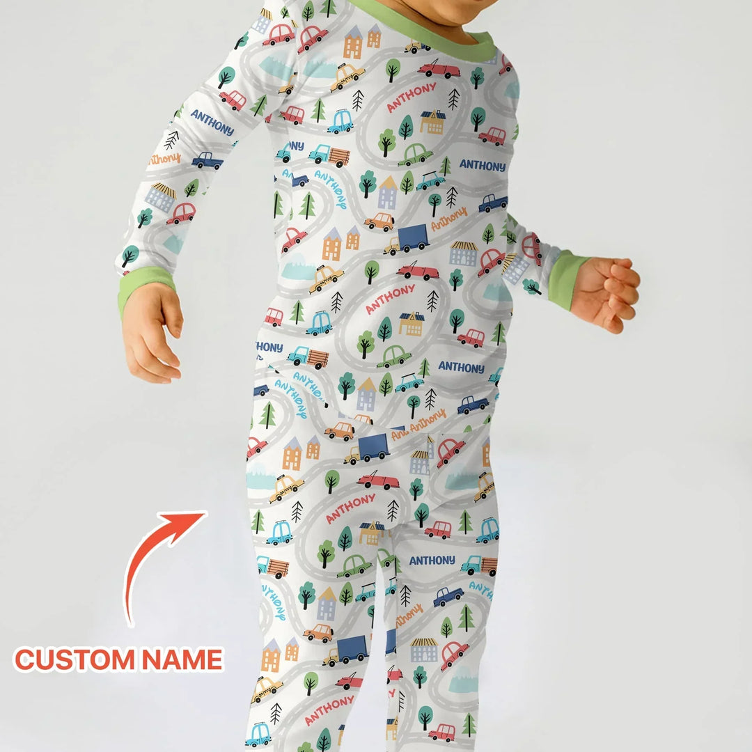 Custom Name Road Map Bamboo Two Piece Long Sleeve Pajama Set