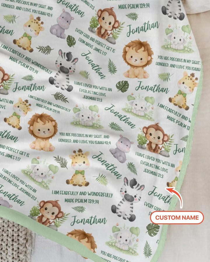 Custom Name Bible Verse Safari Animal Bamboo Blanket
