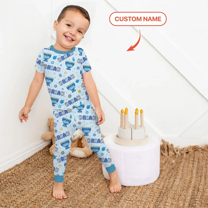 Custom name Happy Hanukkah 2025 Bamboo Two Piece Short Sleeve Pajama Set