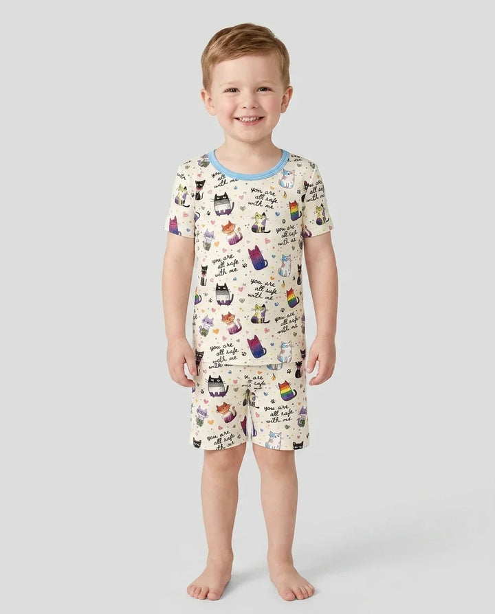 Loved & Safe Kitties Family Matching Bamboo Two Piece Short Sleeve Shorts Pajama Set