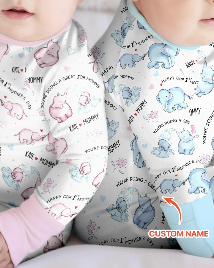Custom Name Mother & Baby Elephant Bamboo Convertible Zippy