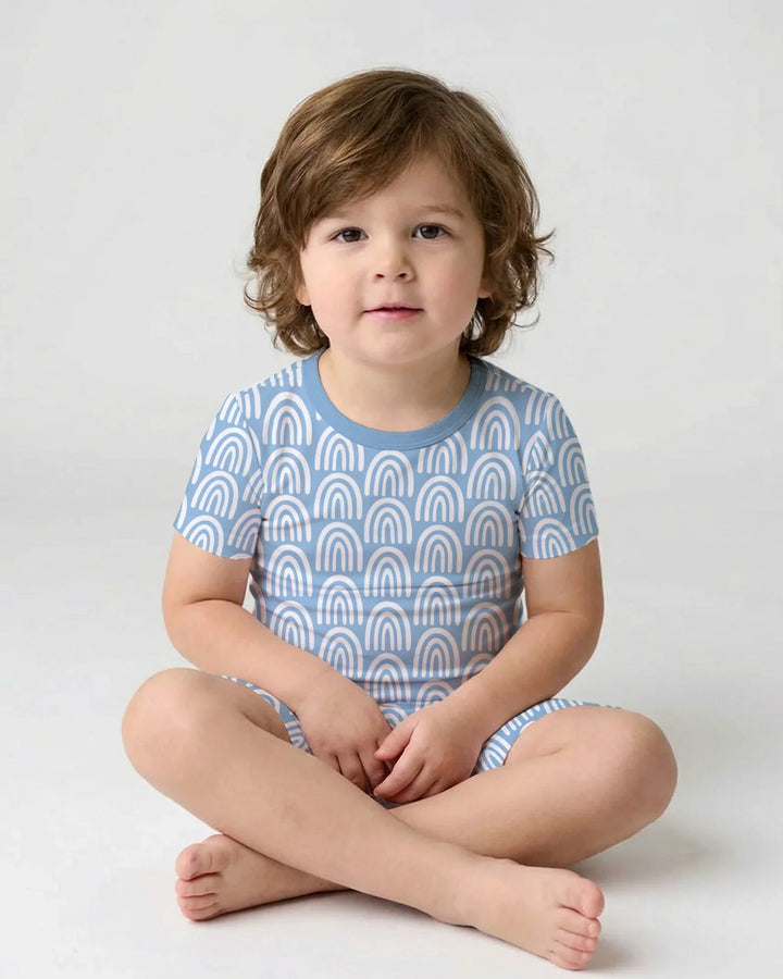 Sky Blue Rainbows Bamboo Two Piece Short Sleeve Shorts Pajama Set
