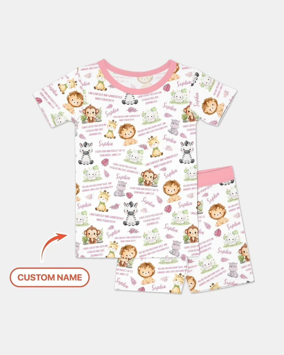 Custom Name Bible Verse Safari Animal Bamboo Two Piece Short Sleeve Shorts Pajama Set