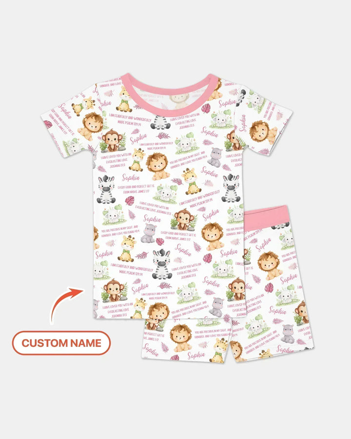 Custom Name Bible Verse Safari Animal Bamboo Two Piece Short Sleeve Shorts Pajama Set