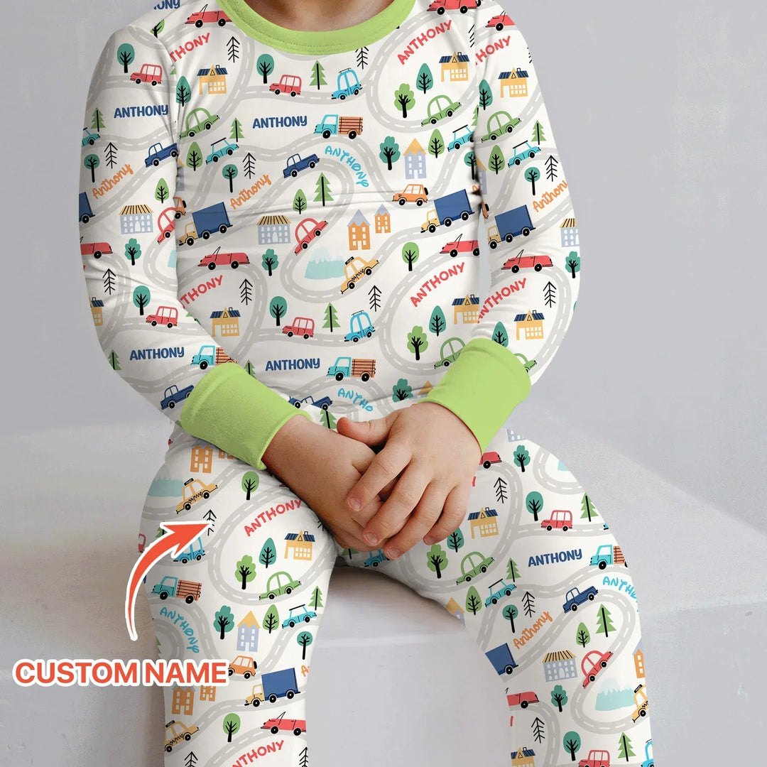 Custom Name Road Map Bamboo Two Piece Long Sleeve Pajama Set