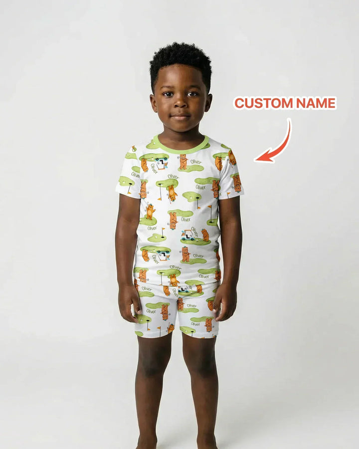 Custom Name Little Bear Golf Club Bamboo Two Piece Short Sleeve Shorts Pajama Set