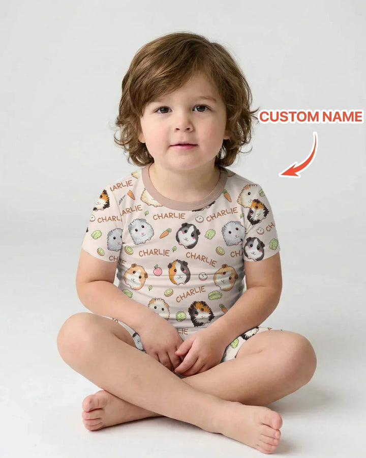 Custom Name Cute Guinea Pigs Bamboo Two Piece Short Sleeve Shorts Pajama Set