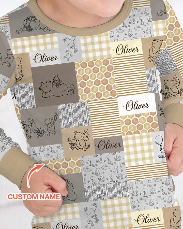 Personalized Classic Bear Patchwork  Bamboo Two Piece Long Sleeve Pajama Set