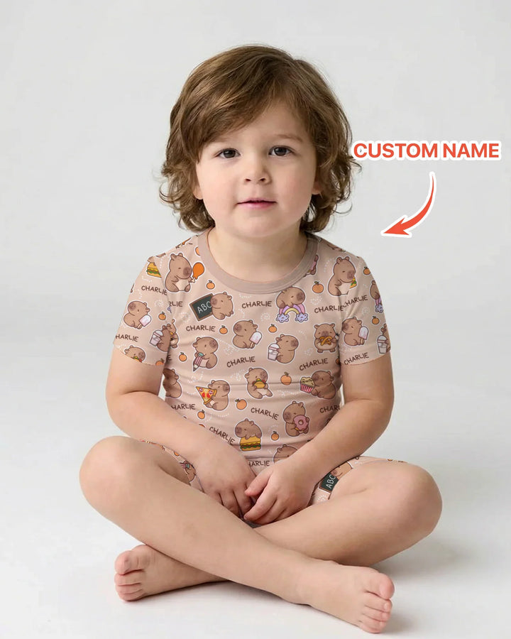 Custom Name Cute Capybara Bamboo Two Piece Short Sleeve Shorts Pajama Set