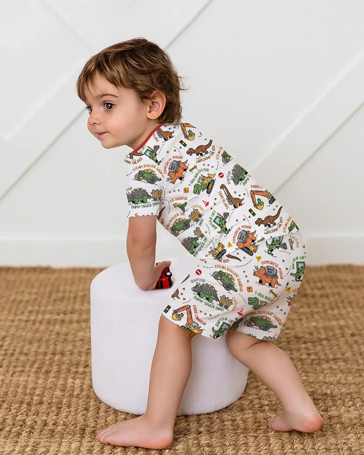 Dinosaur Construction Truck Bamboo Two Piece Short Sleeve Shorts Pajama Set
