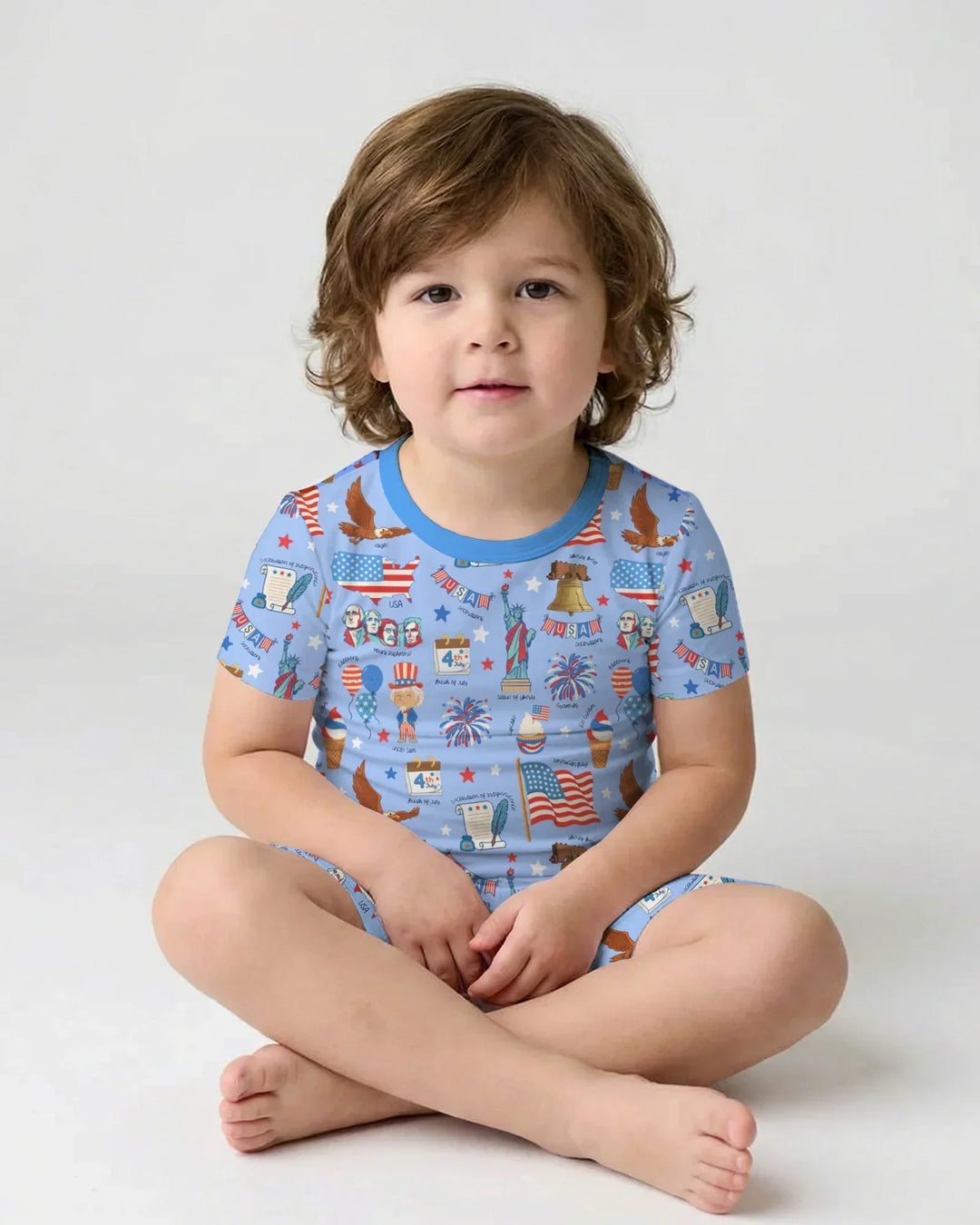 Hand Drawn Patriotic Iconic Bamboo Two Piece Short Sleeve Shorts Pajama Set