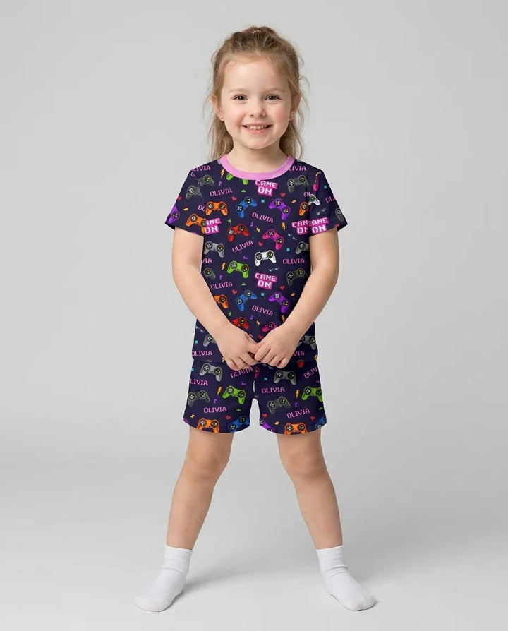 Custom Name Game On Family Matching Bamboo Two Piece Short Sleeve Shorts Pajama Set