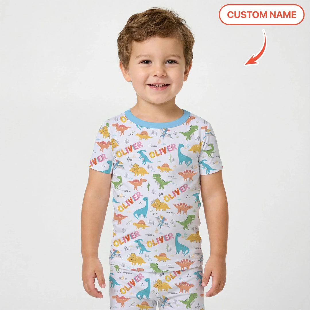 Dino Adventure Custom Name Bamboo Two Piece Short Sleeve Shorts Pajama Set