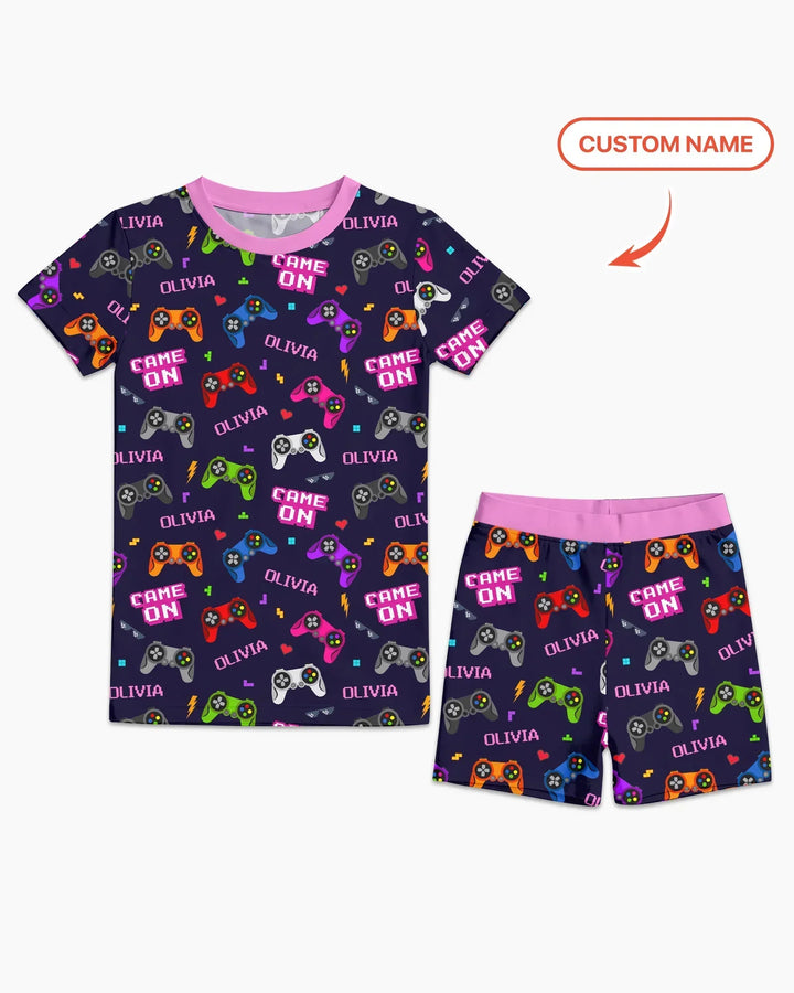 Custom Name Game On Family Matching Bamboo Two Piece Short Sleeve Shorts Pajama Set