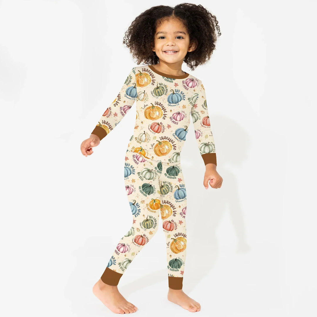 Christian Thanksgiving Two Piece Long Sleeve Pajama Set , Christian Thanksgiving Two Piece Long Sleeve Pajama Set - 12-18M / Chocolate Brown