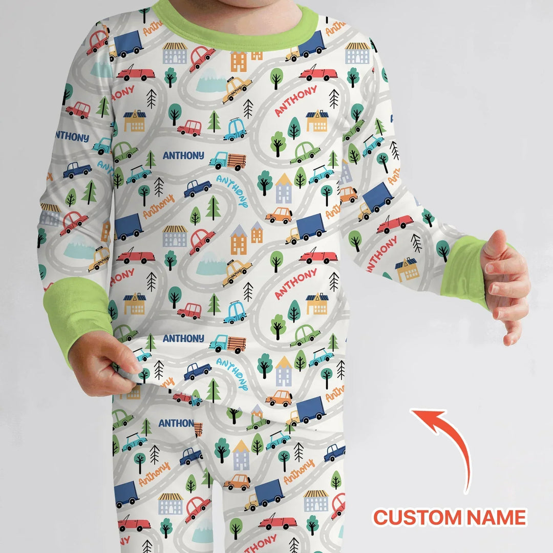 Custom Name Road Map Bamboo Two Piece Long Sleeve Pajama Set