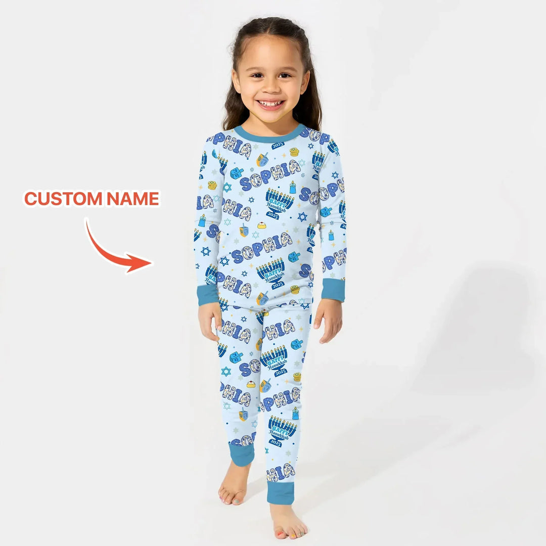 Custom name Happy Hanukkah 2025 Bamboo Two Piece Long Sleeve Pajama Set