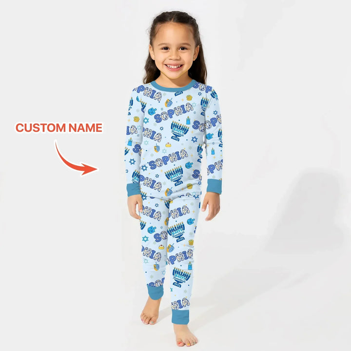 Custom name Happy Hanukkah 2025 Bamboo Two Piece Long Sleeve Pajama Set