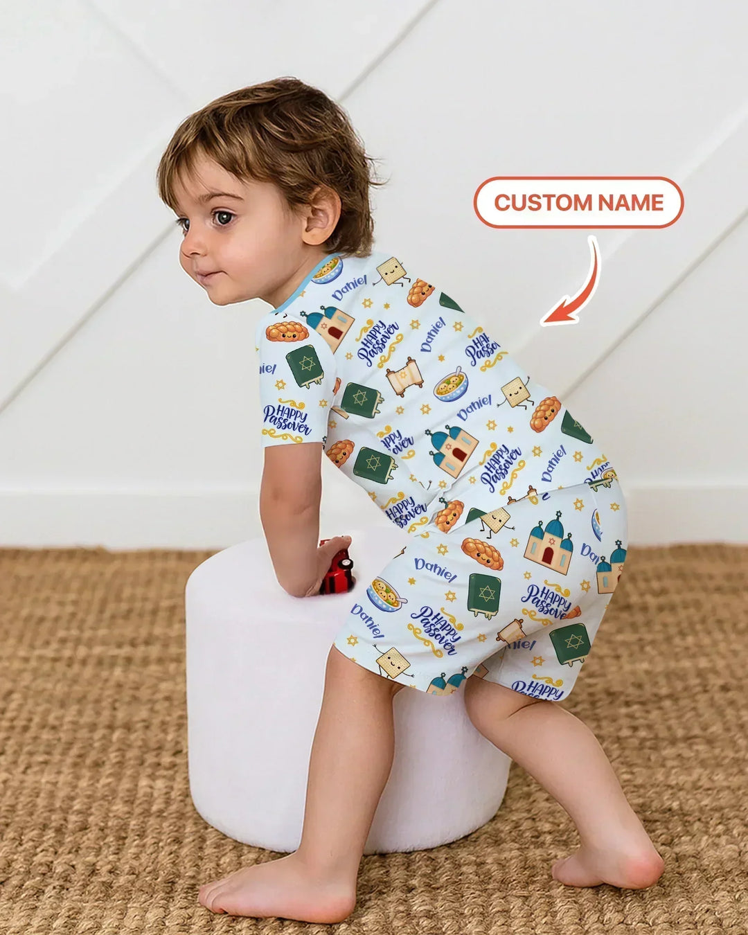 Custom name "Pesach Sameach" Bamboo Two Piece Short Sleeve Shorts Pajama Set