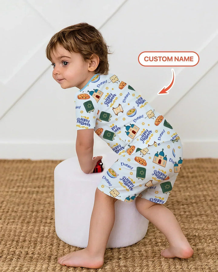 Custom name "Pesach Sameach" Bamboo Two Piece Short Sleeve Shorts Pajama Set