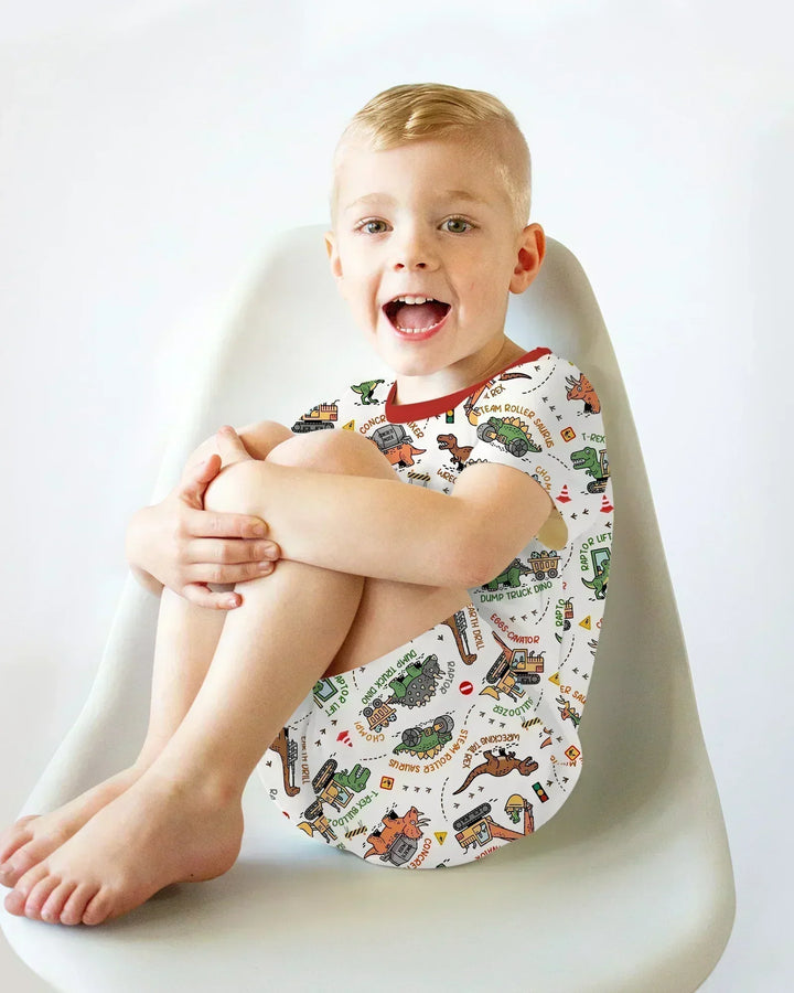 Dinosaur Construction Truck Bamboo Two Piece Short Sleeve Shorts Pajama Set