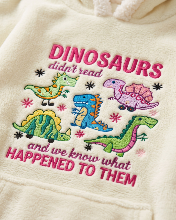 Funny Dino Reading Book Embroidered Bamboo Blanket Hoodie