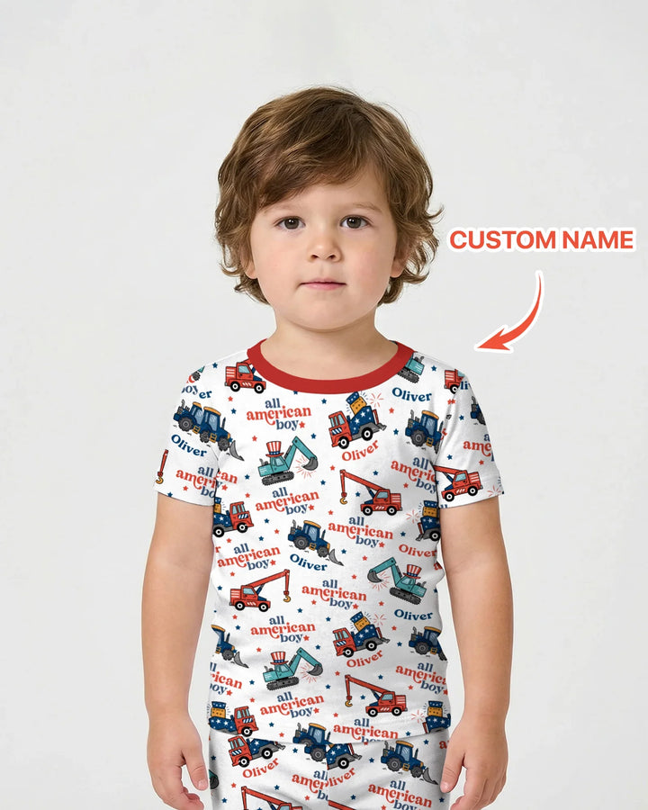 Custom Name All-American Boy Bamboo Two Piece Short Sleeve Shorts Pajama Set