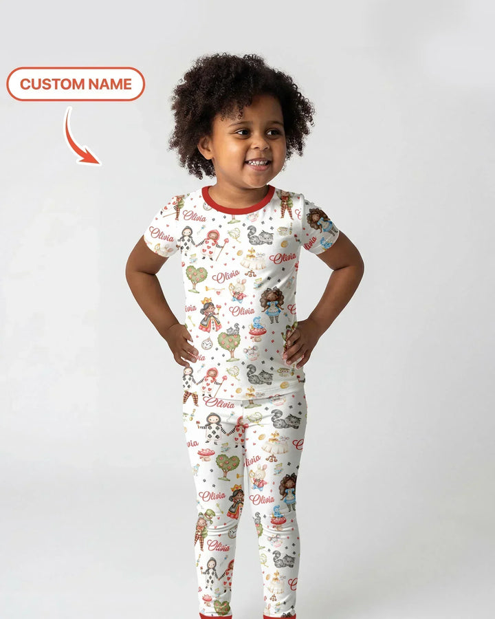 Whimsical Wonderland Tea Party Custom Name Bamboo Two Piece Short Sleeve Pajama Set