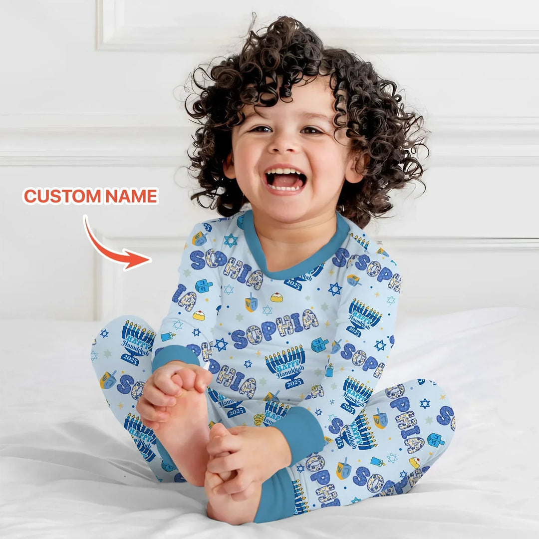 Custom name Happy Hanukkah 2025 Bamboo Two Piece Long Sleeve Pajama Set