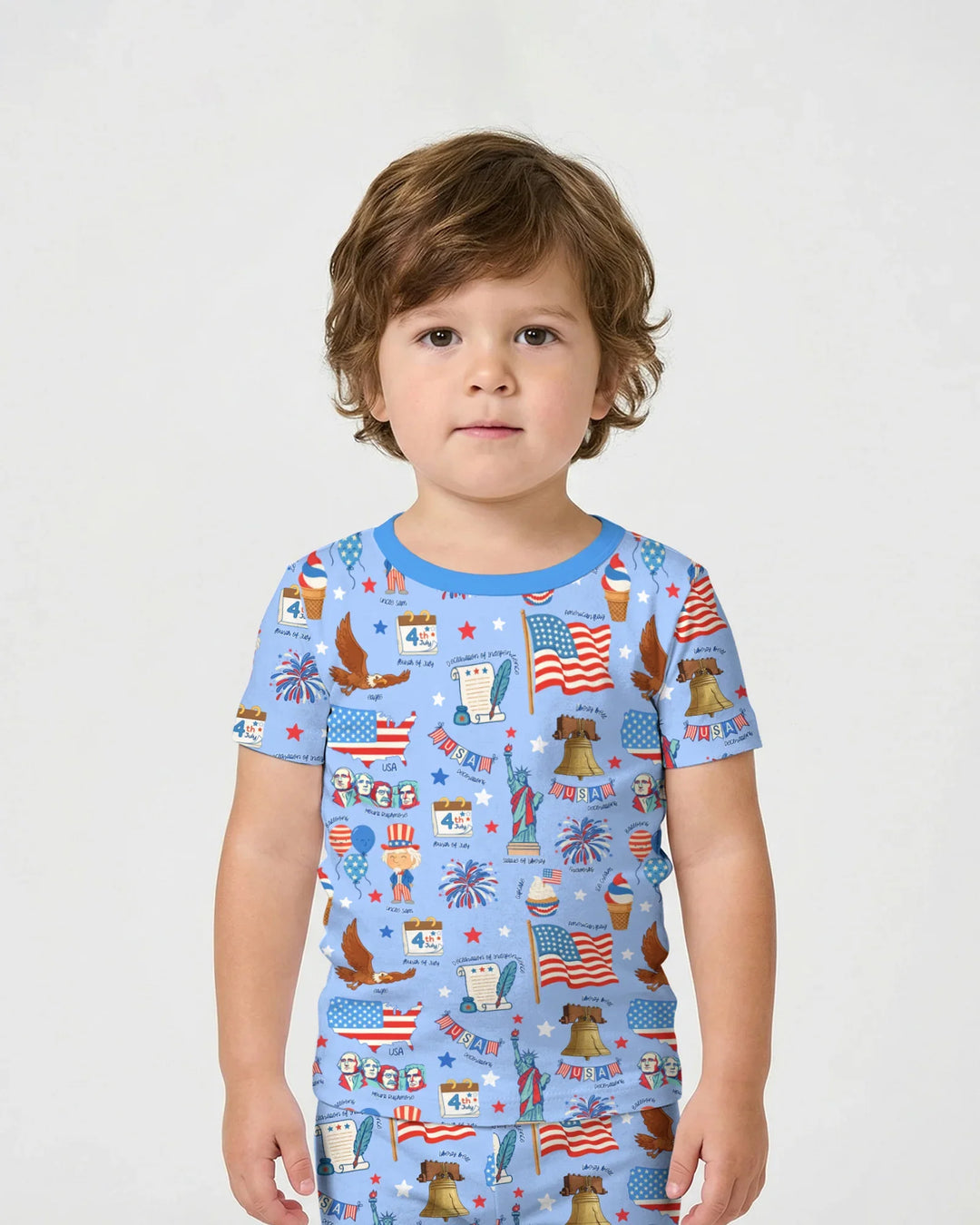 Hand Drawn Patriotic Iconic Bamboo Two Piece Short Sleeve Shorts Pajama Set
