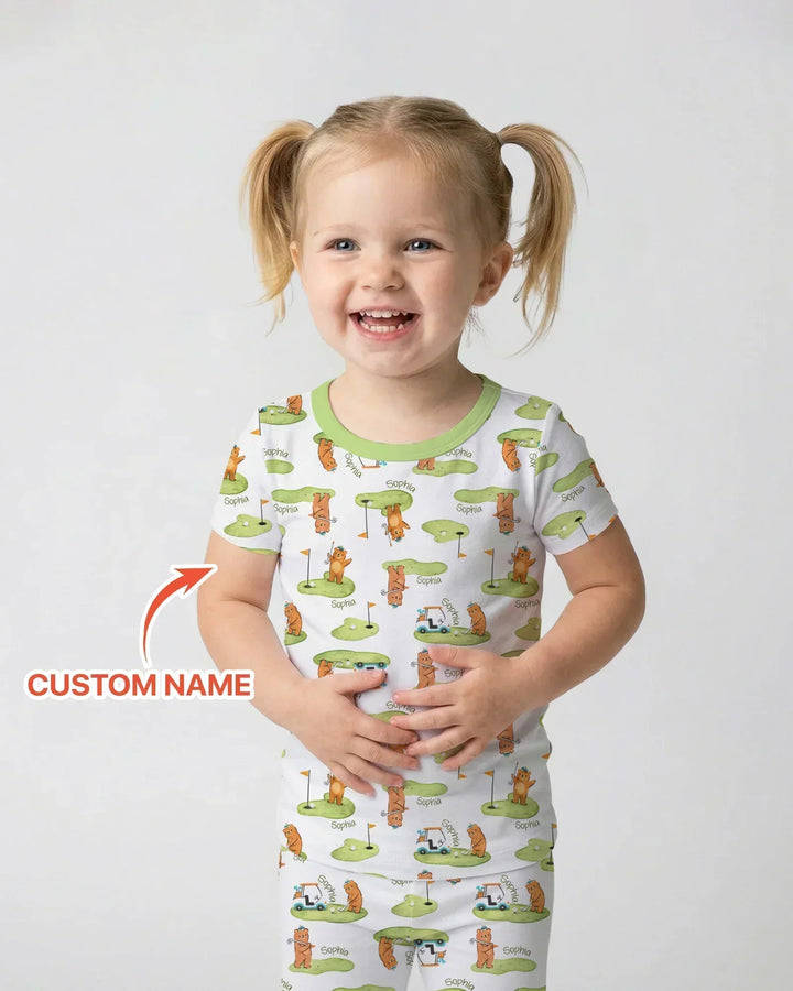 Custom Name Little Bear Golf Club Bamboo Two Piece Short Sleeve Shorts Pajama Set