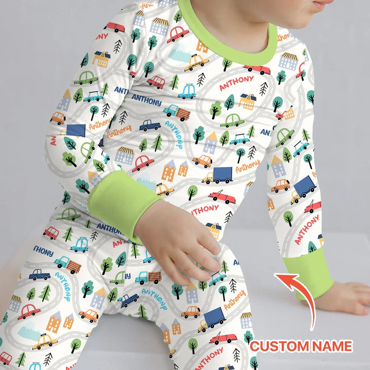 Custom Name Road Map Bamboo Two Piece Long Sleeve Pajama Set