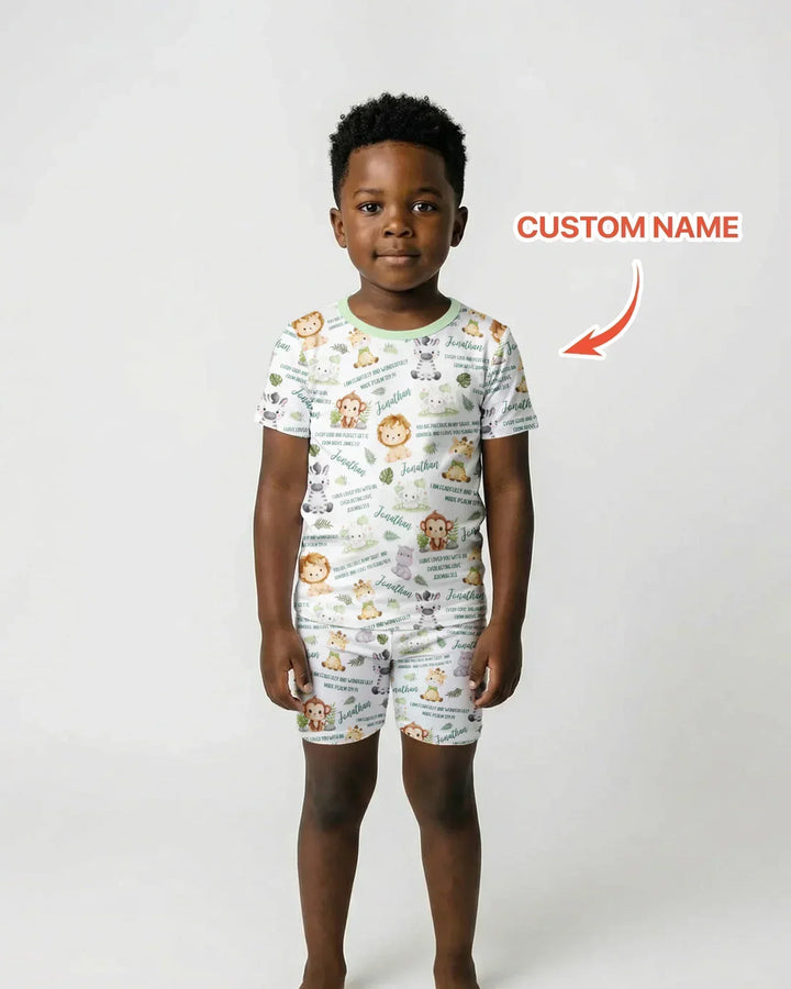 Custom Name Bible Verse Safari Animal Bamboo Two Piece Short Sleeve Shorts Pajama Set