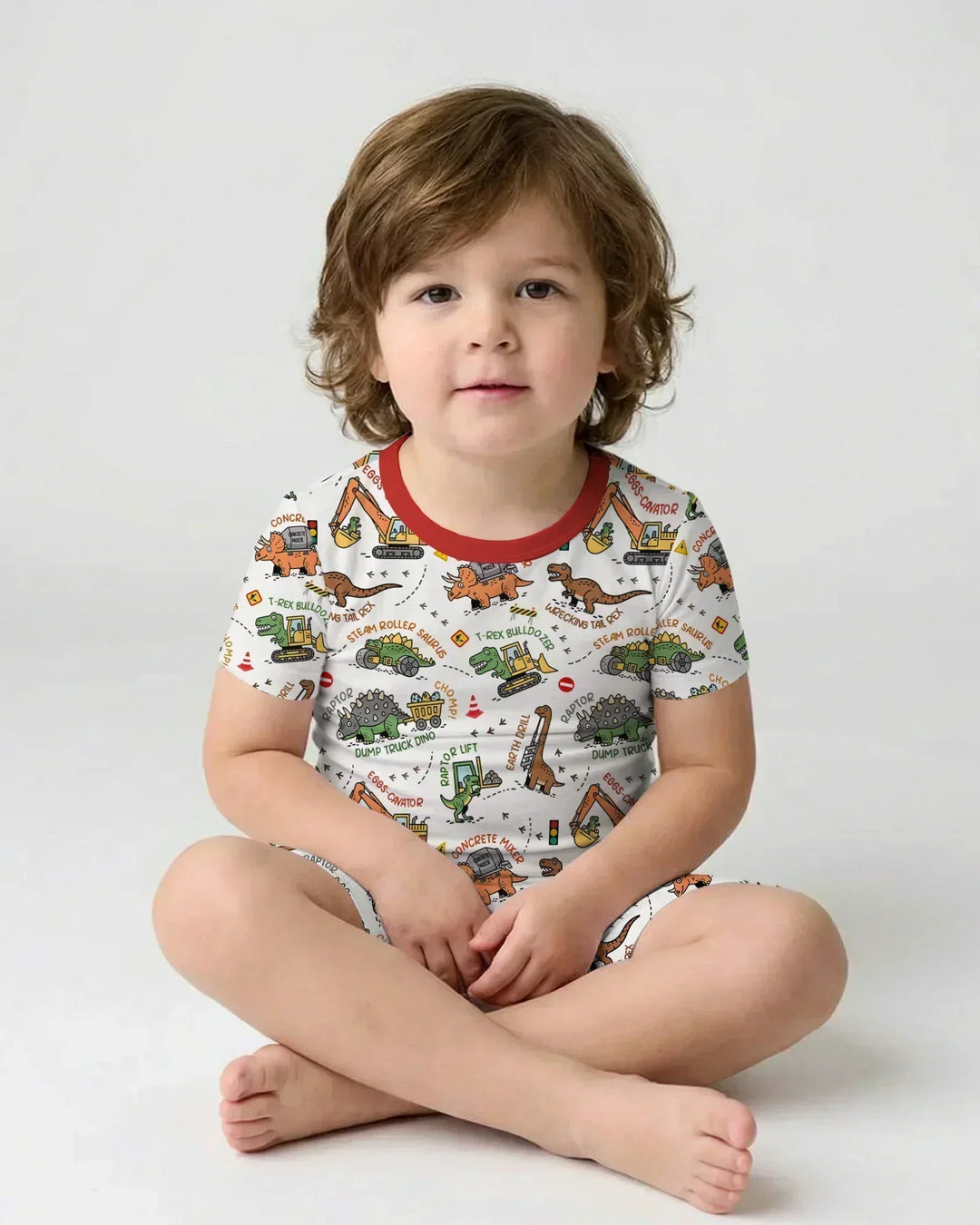 Dinosaur Construction Truck Bamboo Two Piece Short Sleeve Shorts Pajama Set