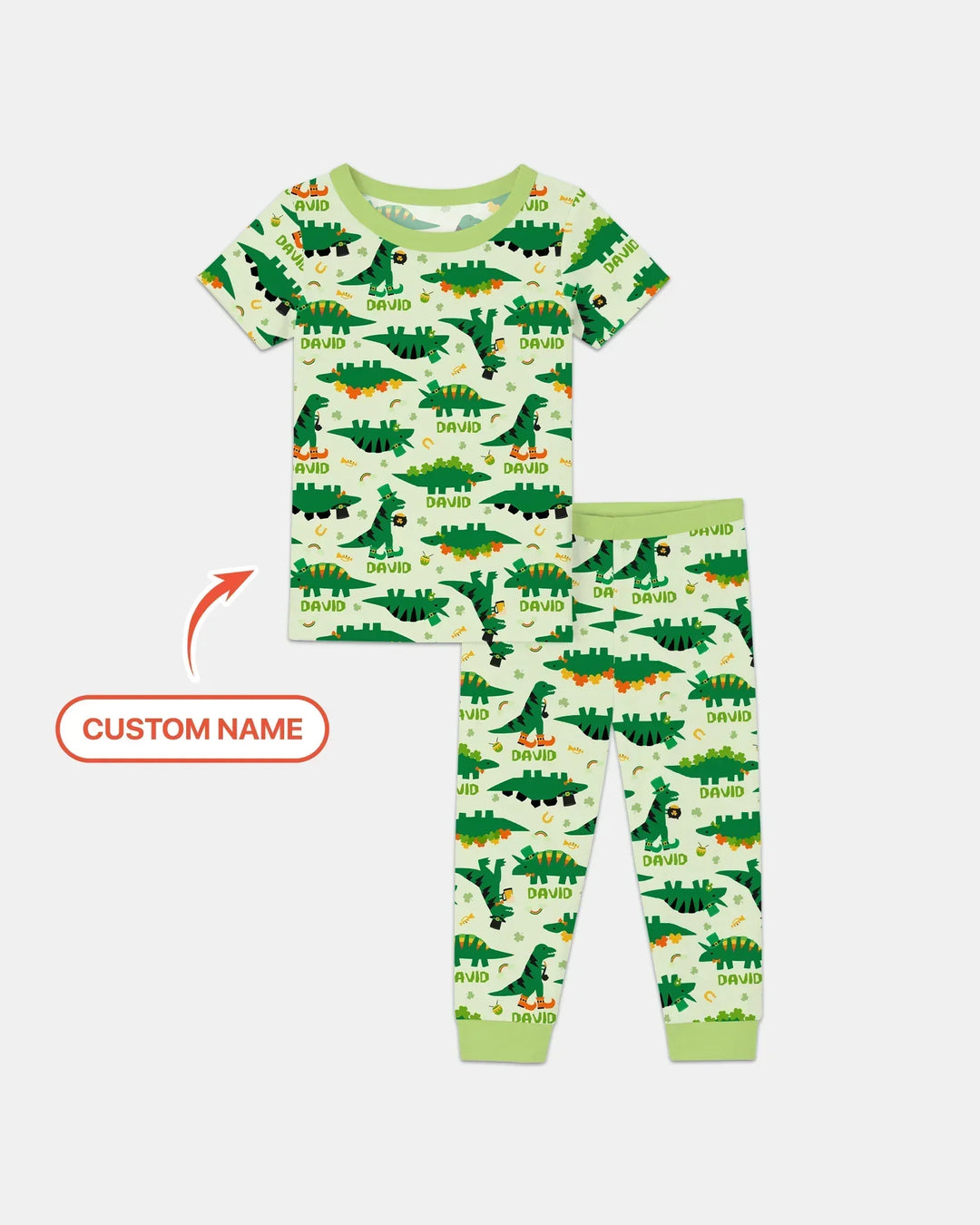 St. Patrick's Day Dinosaurs Custom Bamboo Two Piece Short Sleeve Pajama Set