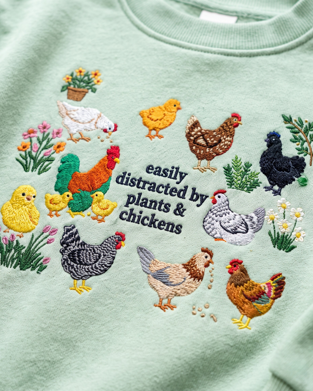 Easily Distracted By Plant And Chickens Embroidered Bamboo Crewneck Sweatshirt