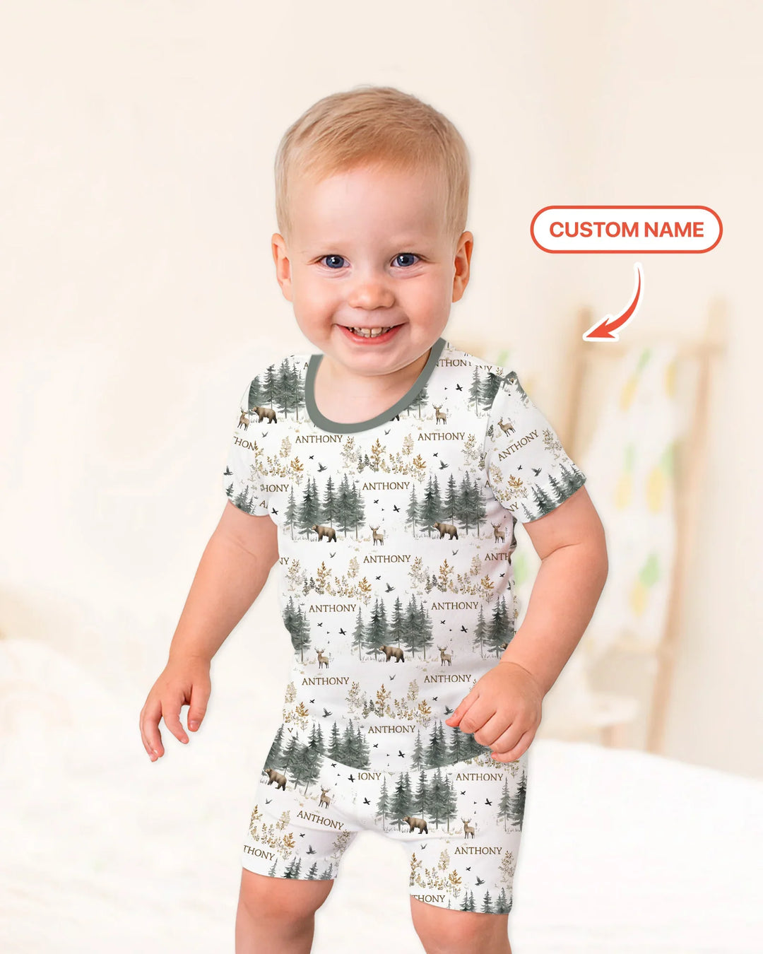 Custom Name Forest Bear Deer Bamboo Two Piece Short Sleeve Shorts Pajama Set