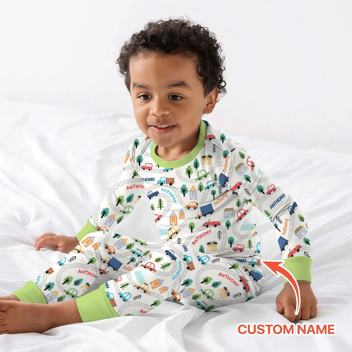 Custom Name Road Map Bamboo Two Piece Long Sleeve Pajama Set