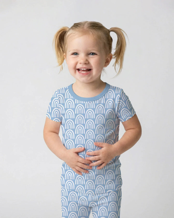 Sky Blue Rainbows Bamboo Two Piece Short Sleeve Pajama Set