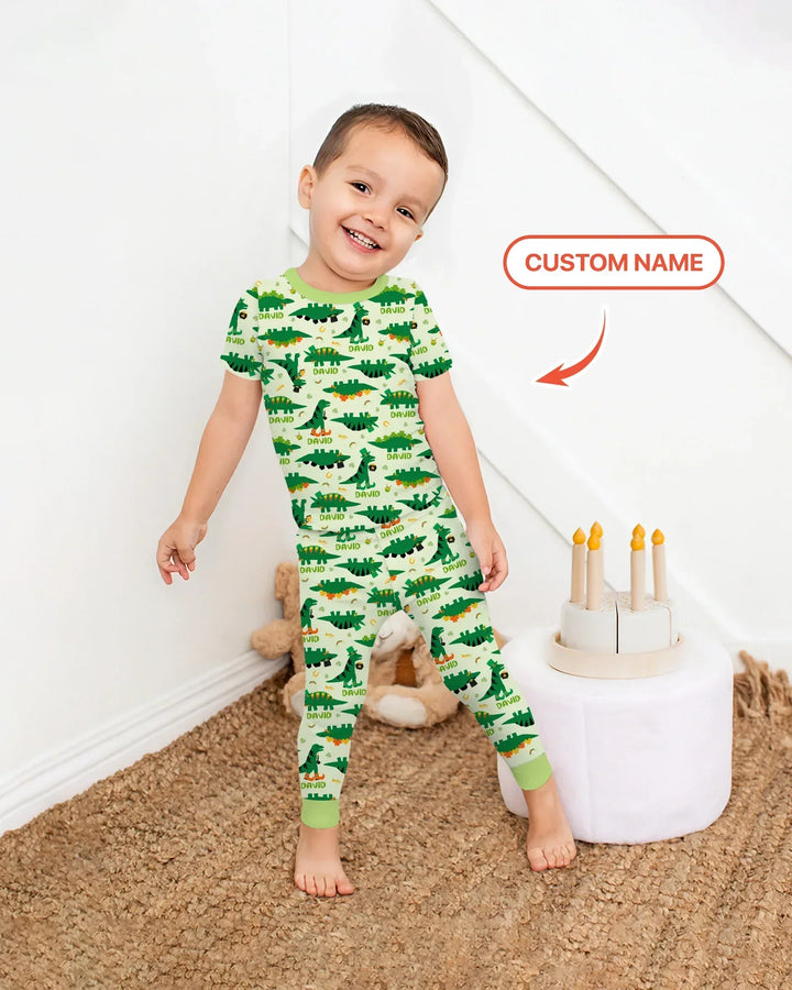 St. Patrick's Day Dinosaurs Custom Bamboo Two Piece Short Sleeve Pajama Set