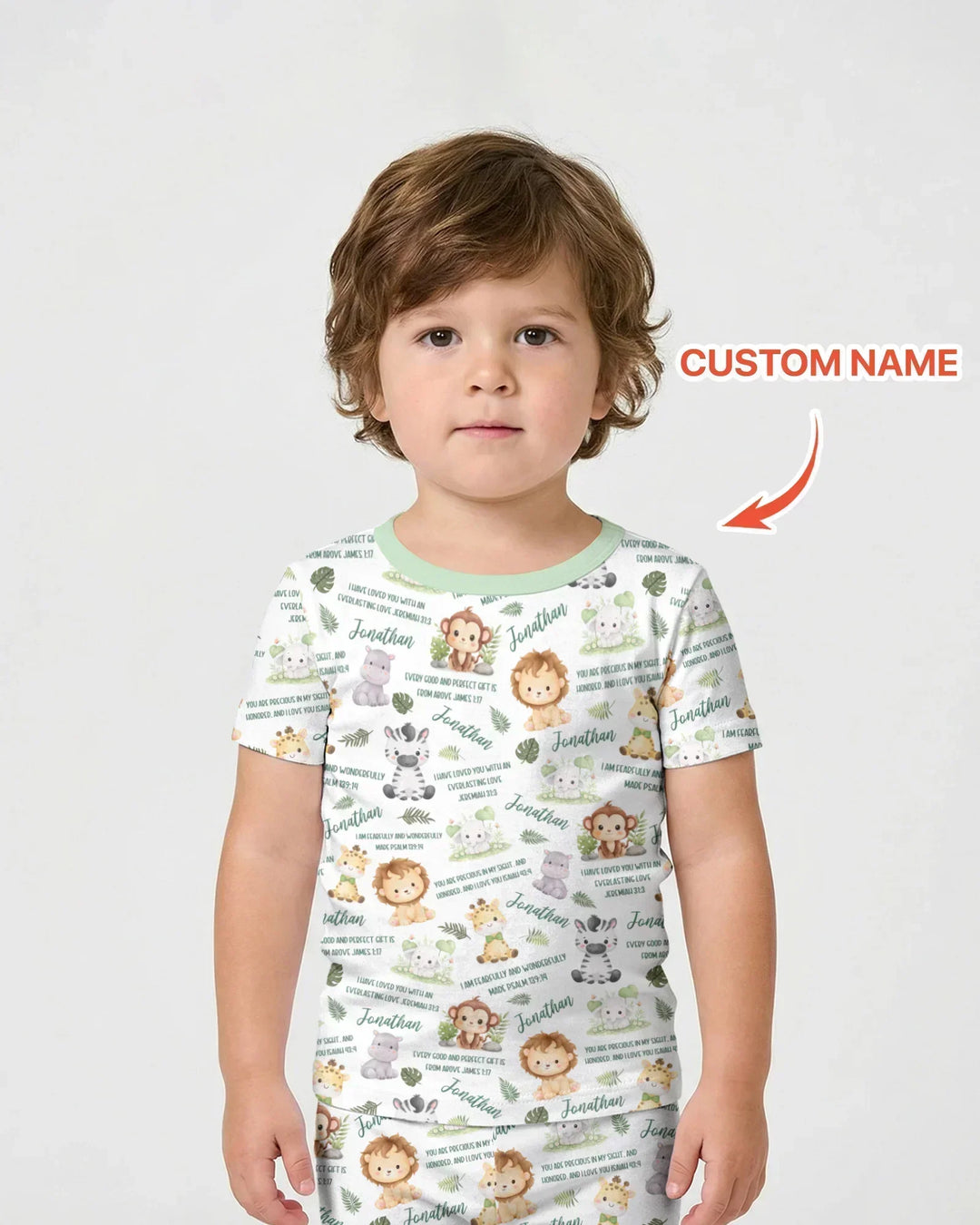 Custom Name Bible Verse Safari Animal Bamboo Two Piece Short Sleeve Shorts Pajama Set