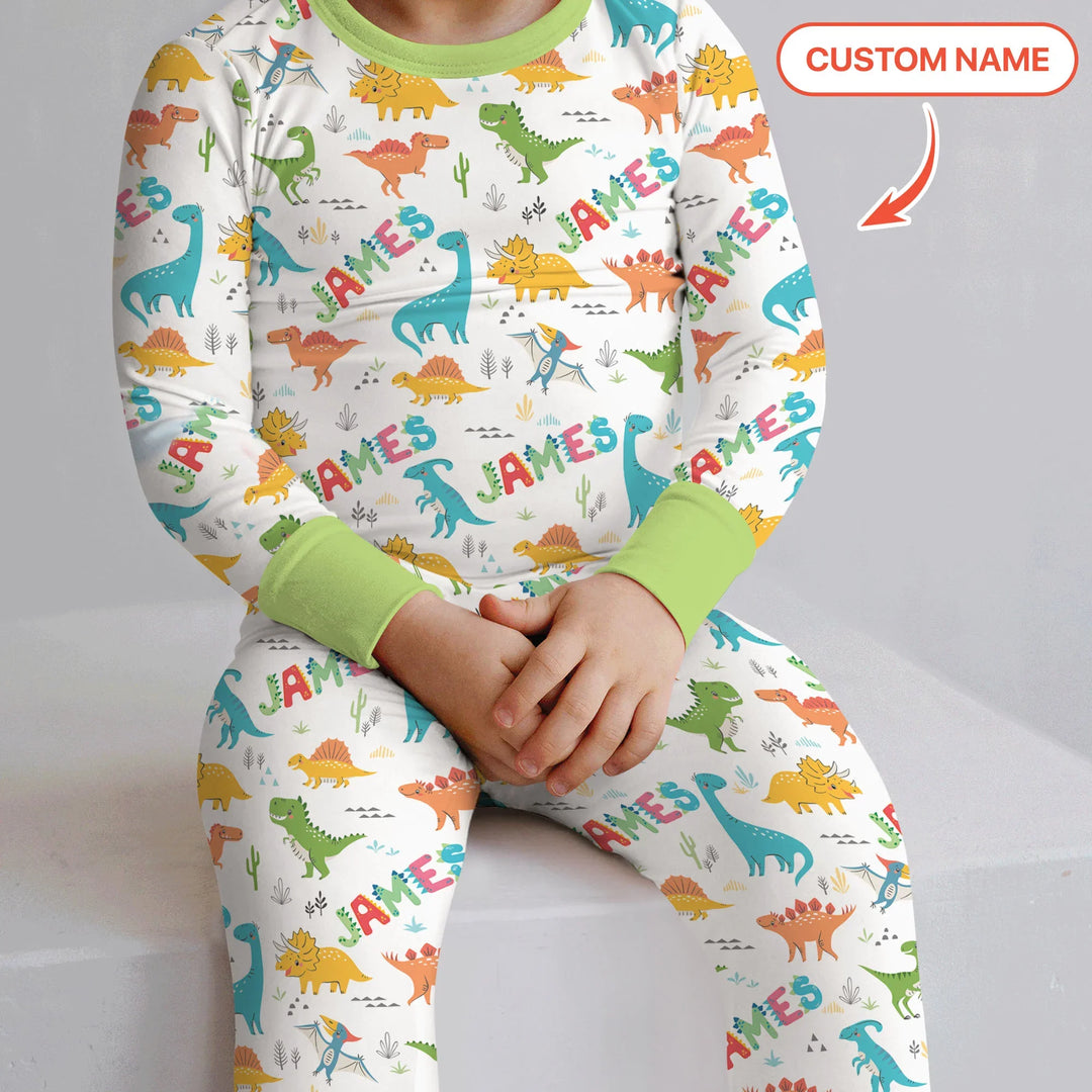 Dino Adventure Custom Name Bamboo Two Piece Long Sleeve Pajama Set